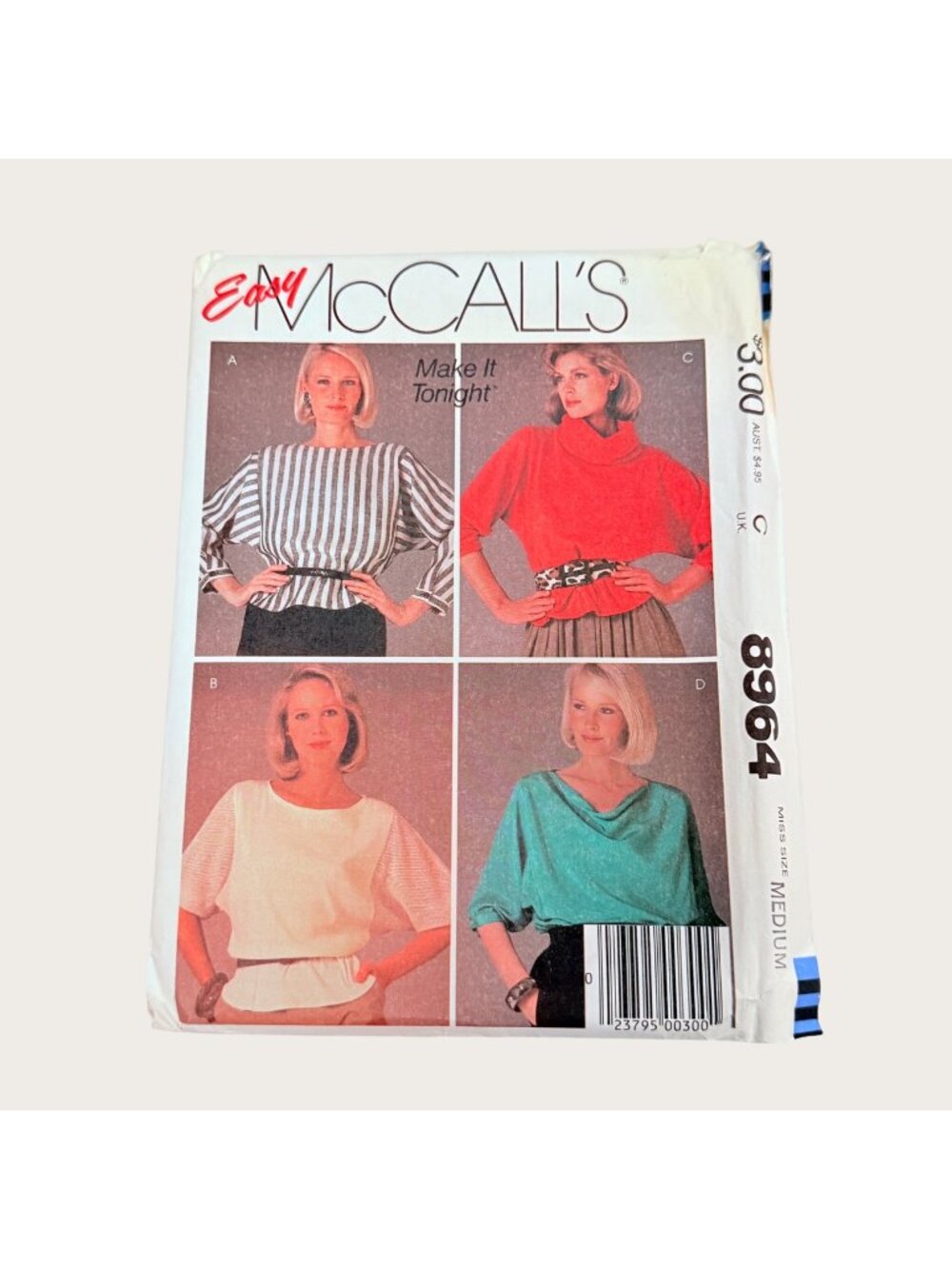 Vintage 1980s McCalls Sewing Pattern 8964 Misses Tops Size Medium Uncut